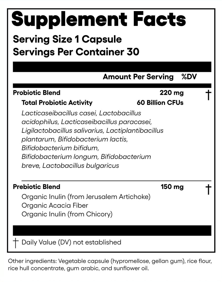 60 Billion Probiotic Supplement Facts panel: serving size 1 capsule, 30 servings, Probiotic Blend 220 mg with 60 billion CFUs, Prebiotic Blend 150 mg, and the other ingredients line under the panel